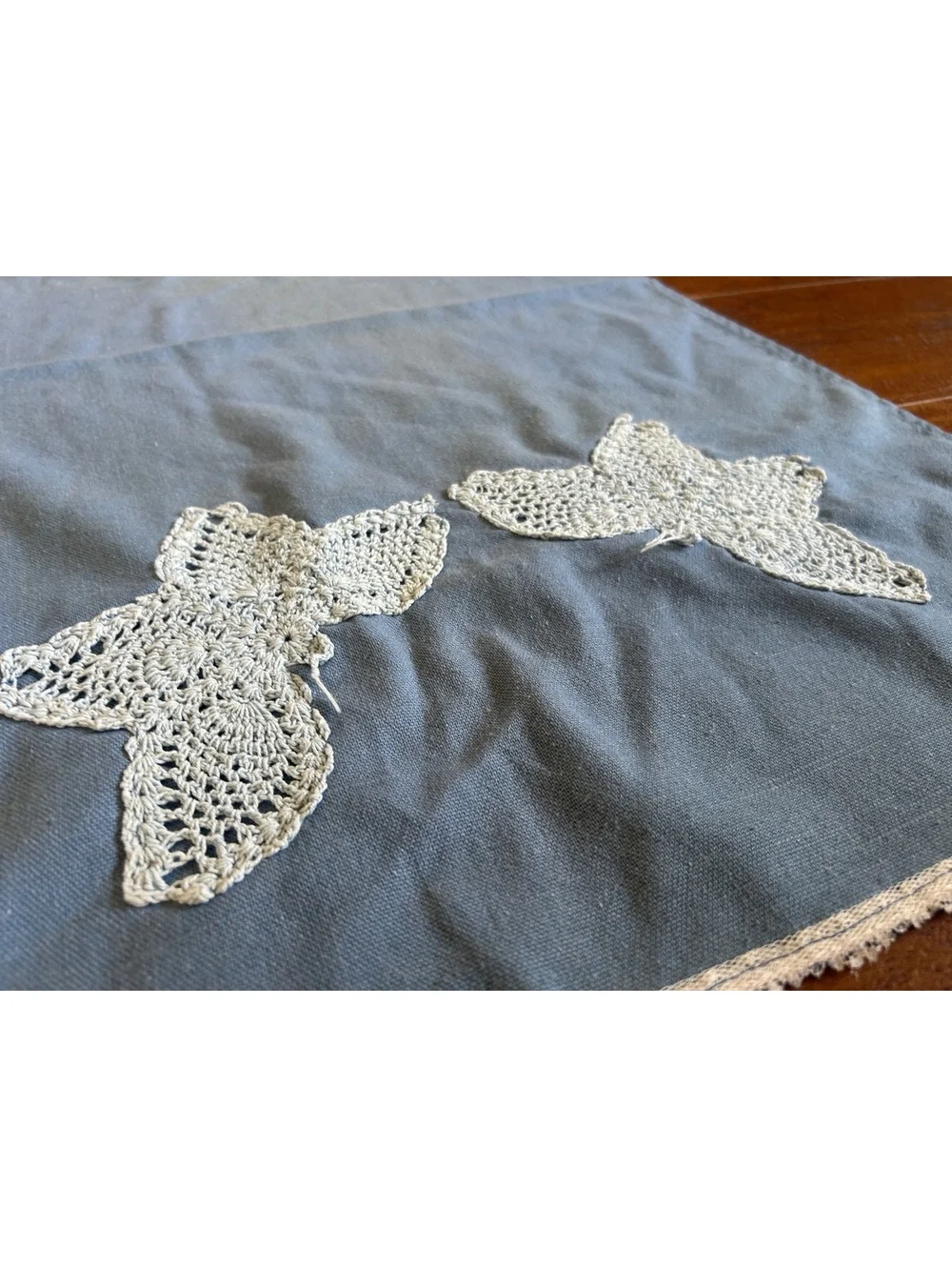 Pair of Blue Cotton Fabric Pieces with White Crochet Butterfly Appliques
